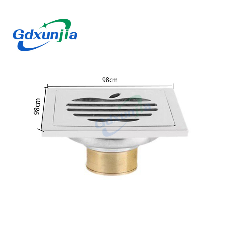 Square 6mm Thick 4 Inch 201 Scarico a pavimento per doccia da bagno con motivo a mela in acciaio inossidabile con nucleo autosigillante a prova di odore di rame